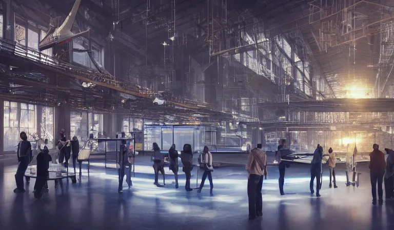 Prompt: group of people in simple warehouse, admiring hologram of futuristic city on a table, cinematic concept art, godrays, golden hour, natural sunlight, 4 k, clear details, tabletop model buildings, center model buildings, hologram center, crane shot, crane shot, crane shot