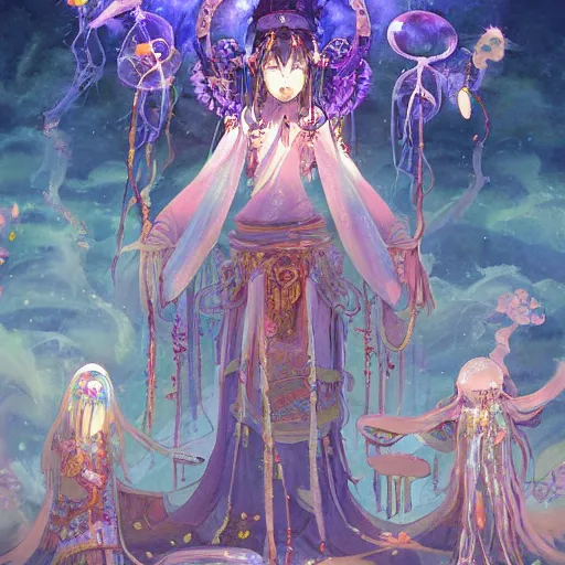 Prompt: A painting of priestesses worshipping at the jellyfish temple, shrouded in mist, jellyfish god, jellyfish priestess, jellyfish shrine maiden, 8K, illustration, art by WLOP and rossdraws and Logan Cure and Mingchen Shen and BangkuART and sakimichan and yan gisuka and JeonSeok Lee and zeronis and Chengwei Pan, smoke, undersea temple with fish, cinematic, insanely detailed and intricate, hypermaximalist, elegant, super detailed, award-winning, fuschia and vermillion and cyan, rainbow accents, mysterious, ancient, ritual, trending in cgsociety, artstation HQ, ornate, elite, haunting, matte painting, beautiful detailed, insanely intricate details, dreamy and ethereal, otherworldly