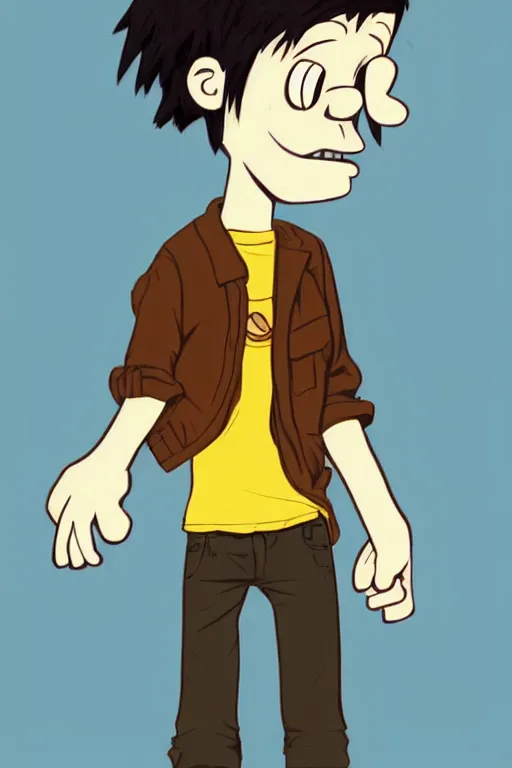 Image similar to Full body portrait of a short!, overweight!! teenage boy, medium length brown hair and fringe, eyes half closed, mouth open, not intelligent, standing in road, cartoon by Jamie Hewlett, cel shaded, gorillaz, Trending artstation, deviantart, digital art