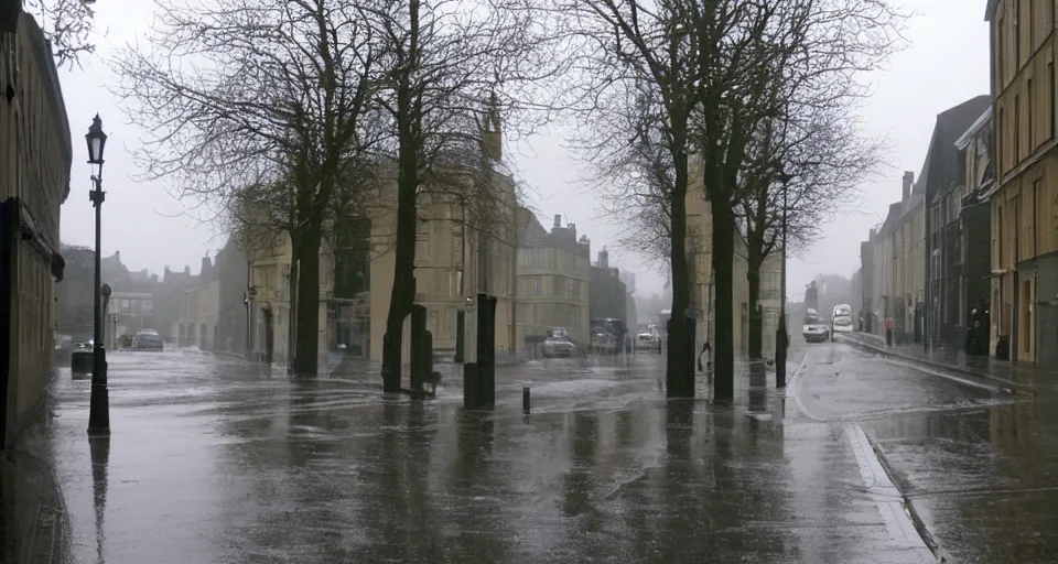 Prompt: a rainy british street in 2006