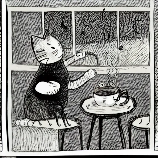 Image similar to cats drinking coffee, amongst coffee bean rain, illustrated in styles of Maurice Sendak, Tove Jansson