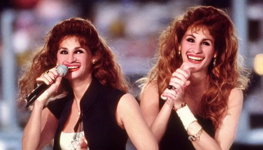 Image similar to Julia Roberts as Selena! singing!! on a stage, 1995 movie, cinematic