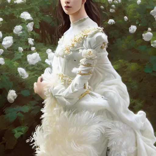 Image similar to a sweet queen with a decorated dress made of white cotton roses and white and cream plumes of swan, highly detailed, digital painting, Trending on artstation , HD quality, by artgerm and greg rutkowski and alphonse mucha, dramatic light, octane