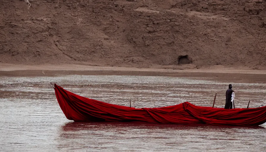 Prompt: a man in red drapery in a blood barque on a river next to a neoclassical high - rise in the desert, leica sl 2 5 0 mm, heavy grain, high quality, high detail, foggy, mud