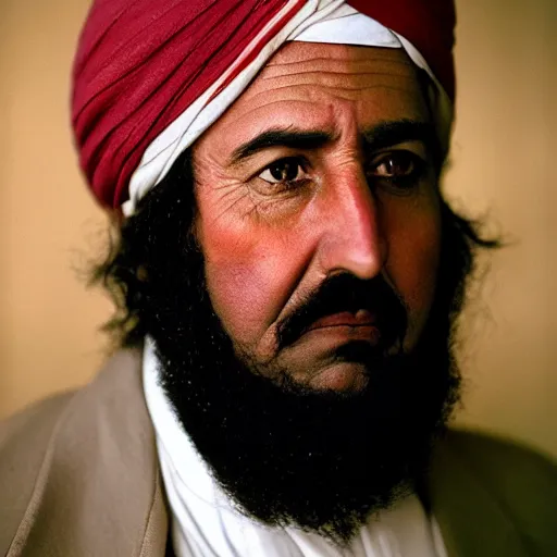 Image similar to portrait of president millard fillmore as afghan man, green eyes and red turban looking intently, photograph by steve mccurry