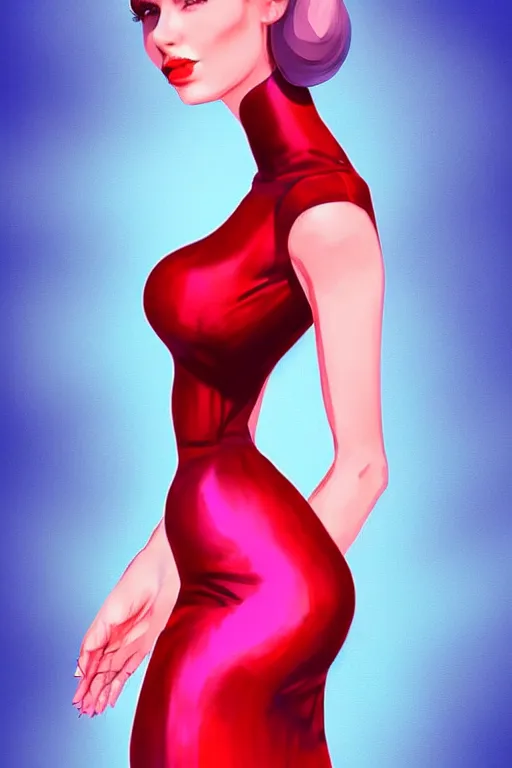 Image similar to full length illustration of very beautifully female looking like angelina jolly with amazing body figure, wearing tight dress, ponytail haircut, digital painting, trending on art station and devian art, pop art, low polygons illustration