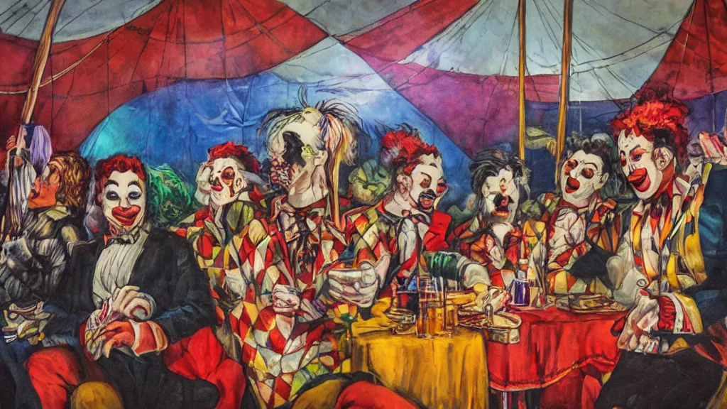 Prompt: of a gang of circus clowns, drinking alcohol, inside a circus tent, matt painting