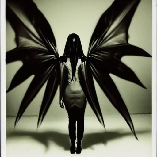 Image similar to a dark artistic photo of an alien creature with crazy wings, a polaroid photo