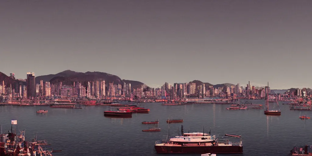 Image similar to cinematic photograph of the victoria harbor in british columbia, orwellian, ultra realistic, intricate, digital painting, ambient, by felicie haymoz and jamie hewlett, industrial art style, 3 5 mm film grain, artstation