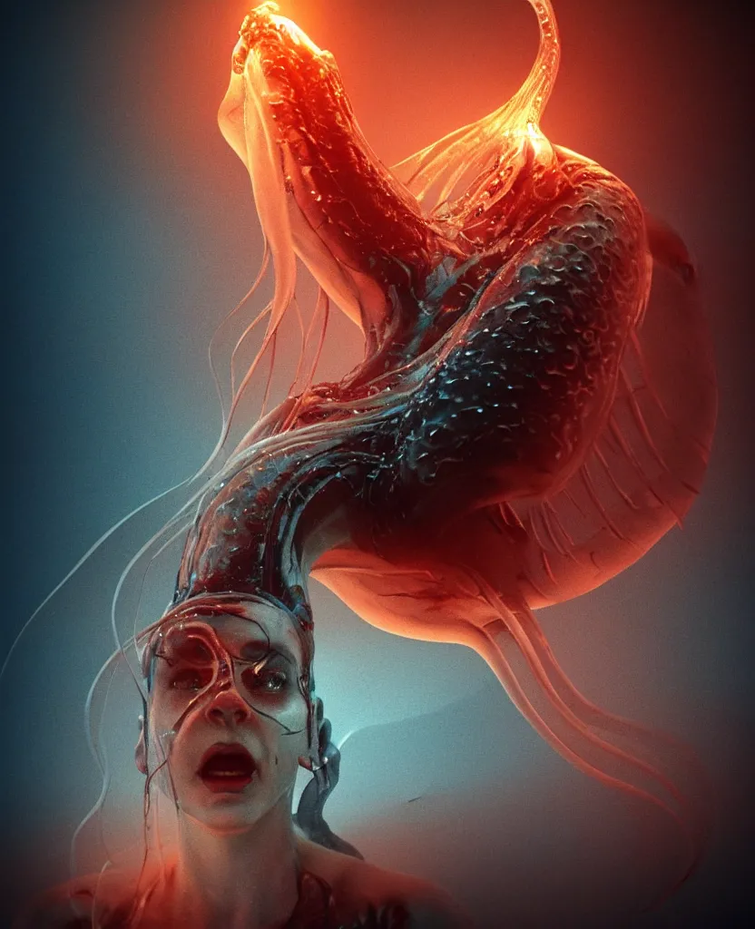 Image similar to Regan (The Exorcist), epic angle and pose, symmetrical artwork, 3d with depth of field, blurred background, cybernetic jellyfish female face skull phoenix bird, translucent, nautilus, energy flows of water and fire. a highly detailed epic cinematic concept art CG render. made in Maya, Blender and Photoshop, octane render, excellent composition, cinematic dystopian brutalist atmosphere, dynamic dramatic cinematic lighting, aesthetic, very inspirational, arthouse. y Greg Rutkowski, Ilya Kuvshinov, WLOP, Stanley Artgerm Lau, Ruan Jia and Fenghua Zhong