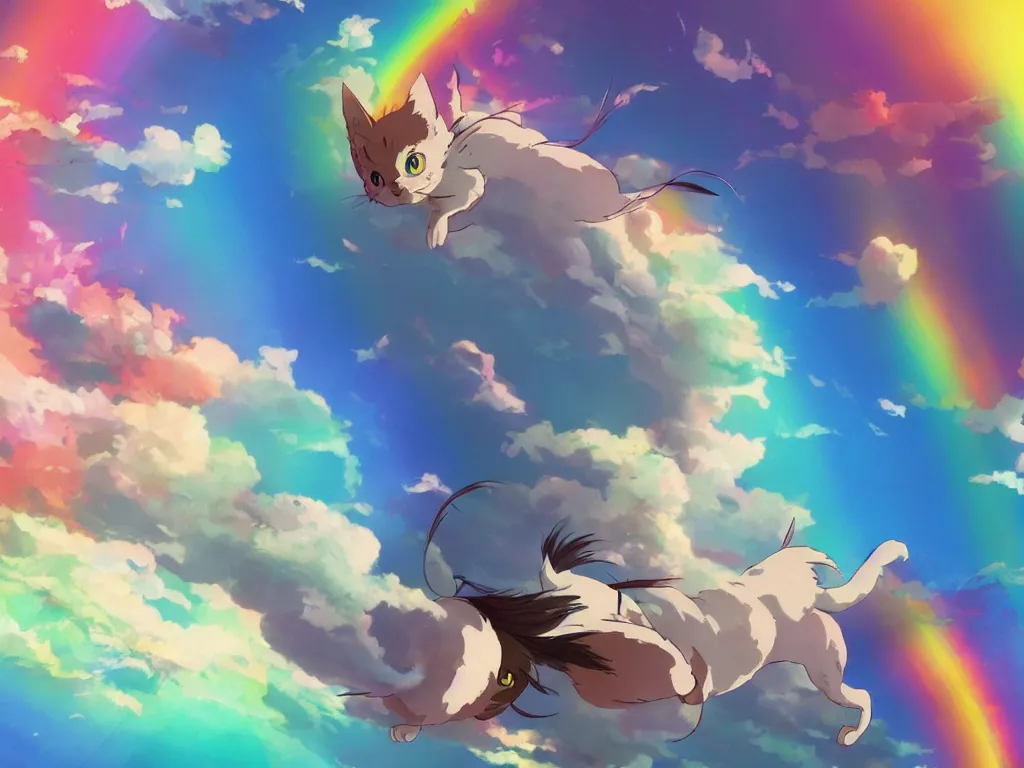 Image similar to a flying rainbow - colored cat, studio ghibli, anime, 4 k wallpaper, artstation