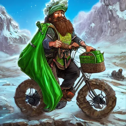 Image similar to a bearded and long haired bicycle food delivery worker with a green bag on his back in Europe, hearthstone art style, epic fantasy style art by kim jung gi, fantasy epic digital art