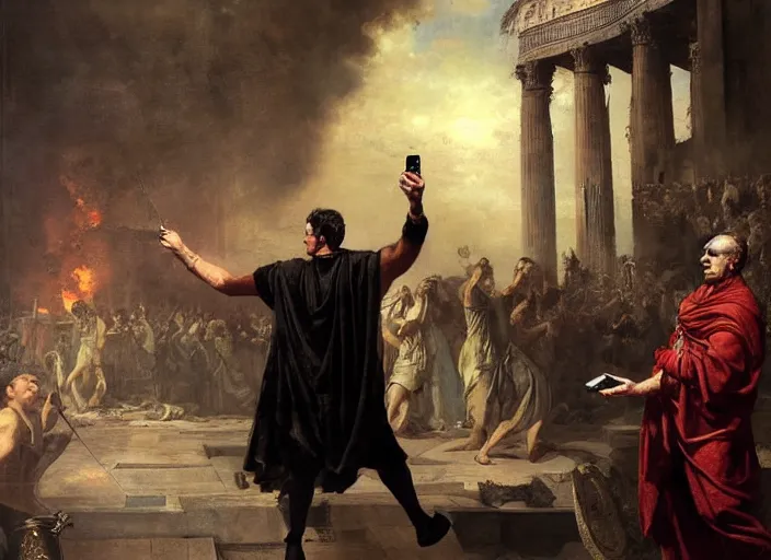 Image similar to julius caesar taking a selfie with an iphone as rome burns behind him by wlop and raymond swanland