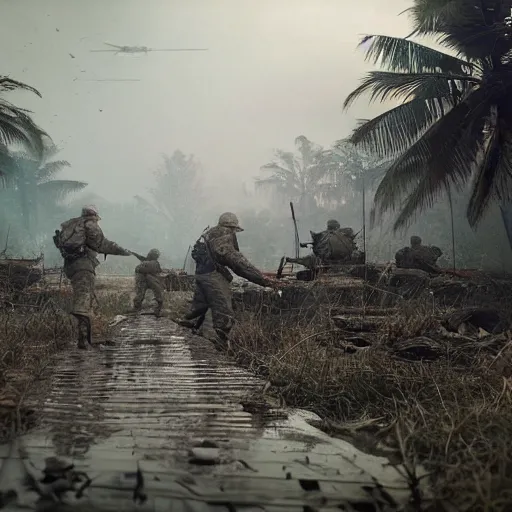 Image similar to hyperrealistic dslr film still of old image of vietnam war, stunning 8 k octane comprehensive 3 d render, inspired by istvan sandorfi & greg rutkowski & unreal engine, perfect symmetry, dim volumetric cinematic lighting, extremely hyper - detailed, extremely lifelike attributes & lifelike texture, intricate, masterpiece, artstation, stunning