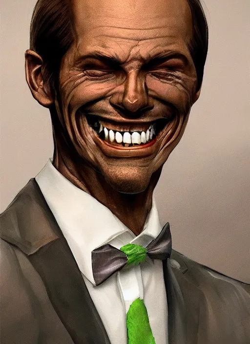 Image similar to a hyper realistic portrait of a smiling male alien in a suit for advertisement, artstation