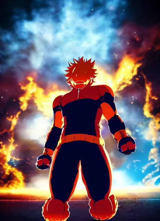 Prompt: Endeavor from my hero academia posing, boku no hero academia, flames, dark atmosphere, cinematic shot, intricate, ornate, photorealistic, ultra detailed, realistic, 100mm, photography, octane, high definition, depth of field, bokeh, 8k, artstation