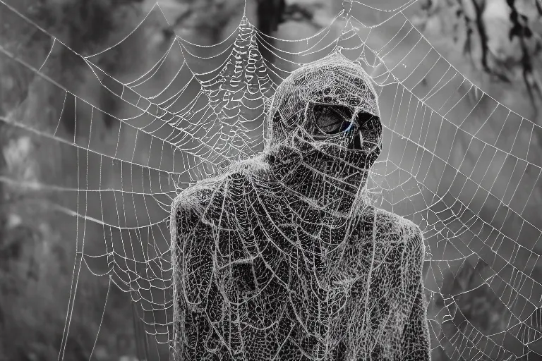 Image similar to portrait of a dusty armored skeleton covered in spiderwebs By Emmanuel Lubezki