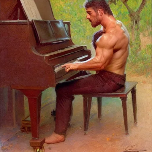 Prompt: a man playing piano, muscular, detailed face, correct face, painting by Gaston Bussiere, Craig Mullins