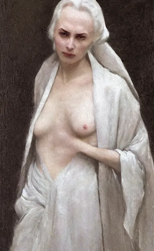 Image similar to say who is this with silver hair so pale and wan! and thin? flowing hair covering front of body, white robe, white dress!! of silver hair, covered!!, clothed!! lucien levy - dhurmer, fernand keller, oil on canvas, 1 8 9 6, 4 k resolution, aesthetic, mystery