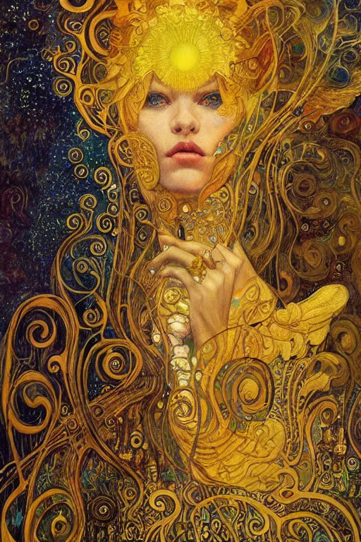 Image similar to Visions of Paradise by Karol Bak, Jean Deville, Gustav Klimt, and Vincent Van Gogh, visionary, ethereal saint portrait, otherworldly, dreamscape, radiant halo, fractal structures, infinite wings, ornate gilded medieval icon, third eye, spirals, heavenly spiraling clouds with godrays, airy colors