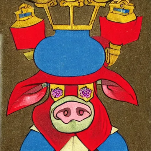 Prompt: a humanoid pig in red king robes wearing a crown holding a blue axe