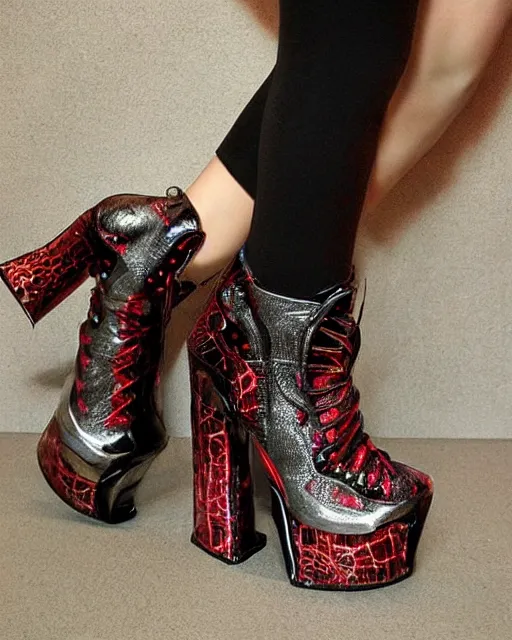 Prompt: stylish shoe design,One pair of shoes, killer boots, scorpions, spiders, high soles, battle shoes, metal, heavy metal rave shoes