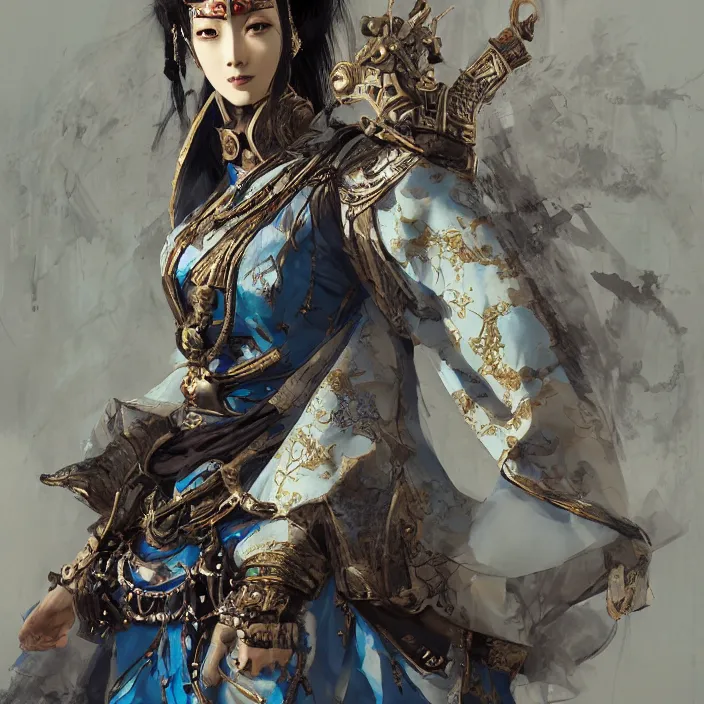 Image similar to ancient chinese princess with steampunk mask, dynasty warriors, elegant, unreal engine, 8 k, blue color scheme, headshot, highly detailed, smooth, ink painting, artstation, concept art, in style of yoji shinkawa, pan ren wei, col price, atey ghailan, by greg rutkowski, aesthetic