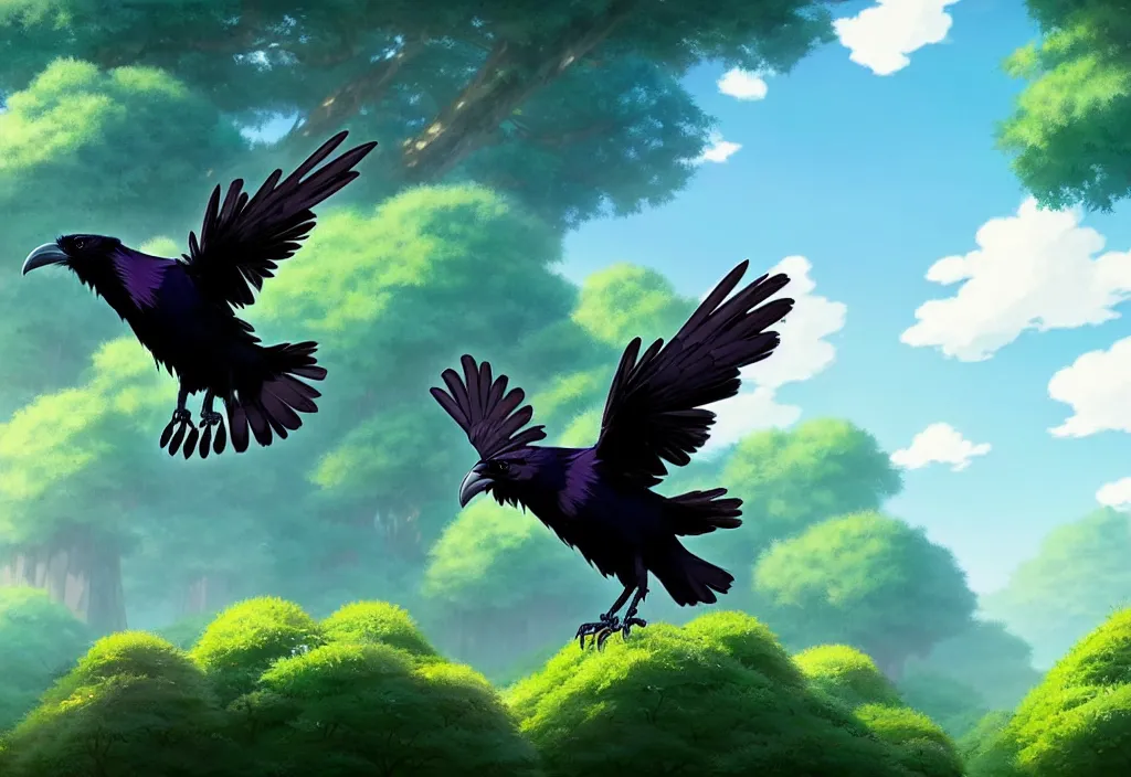 Prompt: a wholesome animation key shot of a cute stripe colored raven flying above the forest, studio ghibli, pixar and disney animation, sharp, rendered in unreal engine 5, anime key art by greg rutkowski, bloom, summer lighting