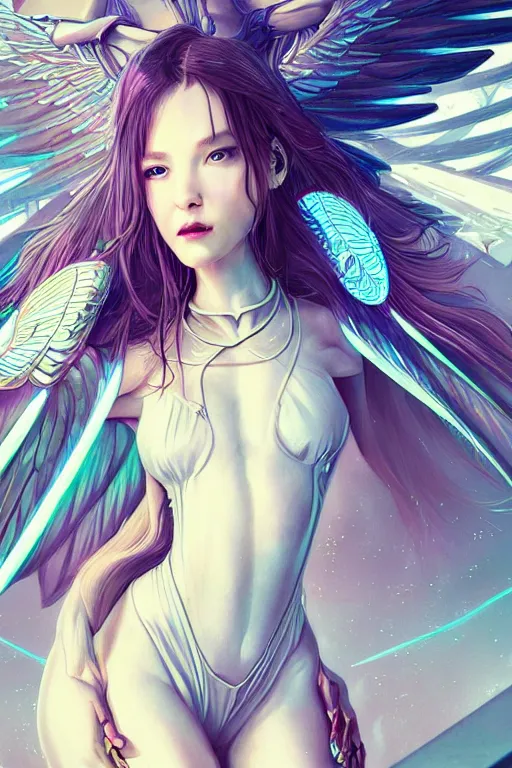 Image similar to portrait futuristic goddess angel Girl with wings and sword, in future cyberpunk tokyo rooftop , ssci-fi, fantasy, intricate, very very beautiful, elegant, human anatomy, human structure, neon light, highly detailed, digital painting, artstation, concept art, smooth, sharp focus, illustration, art by tian zi and WLOP and alphonse mucha