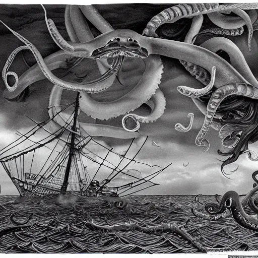 Image similar to 🤷🏽‍♂️ 🐙 a highly detailed hyperrealistic scene of a ship being attacked by giant squid tentacles, ultra realistic, jellyfish, squid attack, dark, voluminous clouds, thunder, stormy seas, pirate ship, dark, high contrast, yoji shinkawa, scary, m.c. Escher, highly detailed, brutal, beautiful, octopus arms attacking the ship from the storm, illusion, artgerm