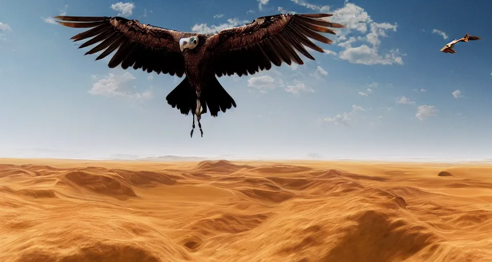 Prompt: artwork of a vulture flying over a desert, artstation