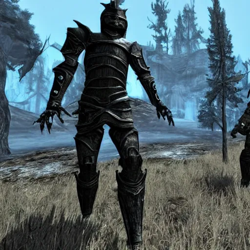 Prompt: walking through skyrim, the NPCs are replaced with futuristic robots