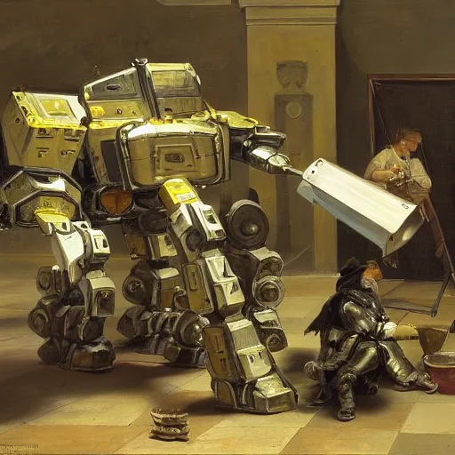 Prompt: Painting of a combat mech being repaired by ground personnel, shiny reflective glass lots of shiny metal, inspired by Pieter Claesz