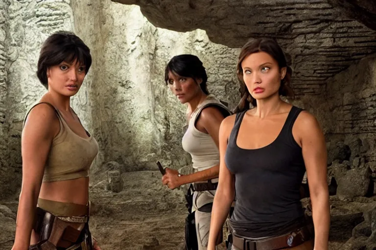 Image similar to Isabela Merced as Dora the Explorer wearing and Angelina Jolie as Lara Croft standing in an ancient temple, high resolution film still, movie by Simon West