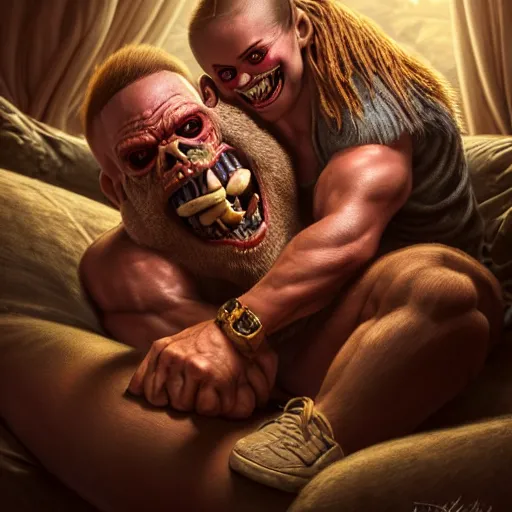 Prompt: intricate beautiful hyperreal portrait of grog strongjaw and pike trickfoot, smiling softly, casual clothes, relaxing on the couch, home interior, golden hour, close up shot, 8 k, art by irakli nadar, hyperrealism, hyperdetailed, ultra realistic