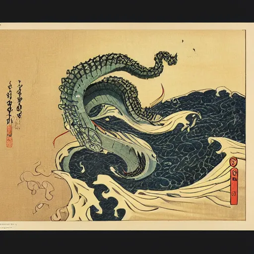 Prompt: hydra emerges from the stormy sea, ukiyo-e print