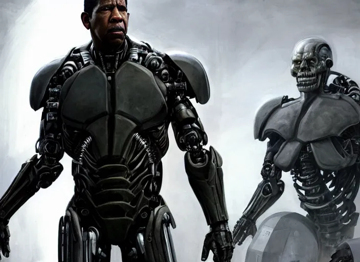 Image similar to denzel washington as victor stone, full body concept, cyborg, borg, strogg, face of a man, terminator, flesh, quake strogg, doom demon, wolfenstein, monstrous, powerful, symmetry, symmetrical, concept art by ruan jia and greg rutkowski