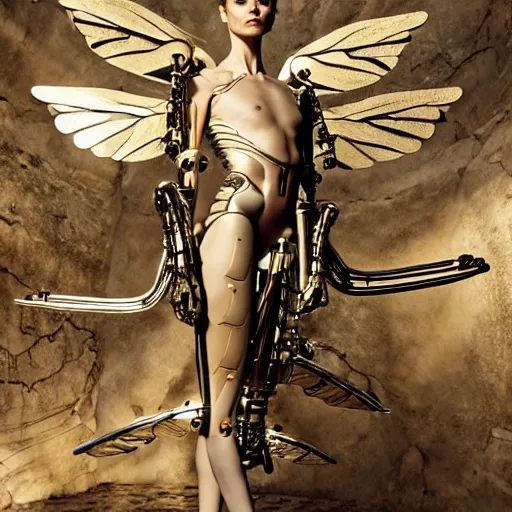 Image similar to still frame from Prometheus movie by Makoto Aida, biomechanical vespa angel gynoid, metal couture by neri oxmn and Guo pei, editorial by Malczewski and by Caravaggio