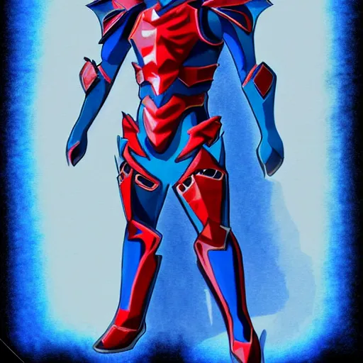 Image similar to High Fantasy Kamen Rider, blue with red secondary color, 4k, glowing eyes, daytime, charcoal color rubber undersuit, dragon inspired armor