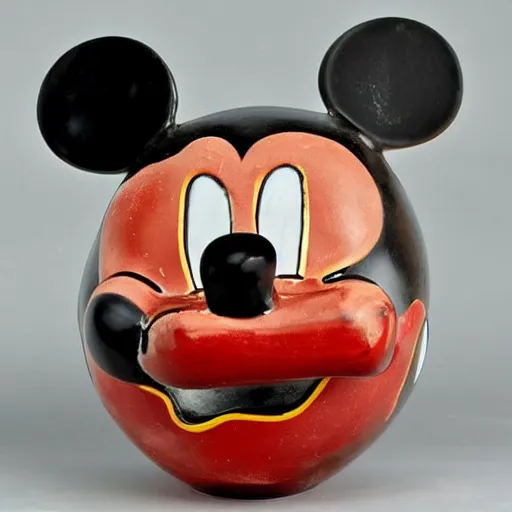 Prompt: vase work, vase art of Mickey Mouse in art style of chinese art, fragmented clay firing chinese vase with an Mickey Mouse, chinese art!!!!! chinese art