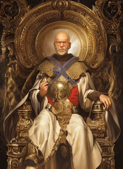 Prompt: wisened philosopher king (an absolute monarch of his wealthy european kingdom) resides on his trone, his gaze transfixed on the horizon of the infinite timespan, highly detailed DnD portrait by Raffaello Ossola and Ross Tran and Greg Rutkowski, stunning detail, 8k, 4k