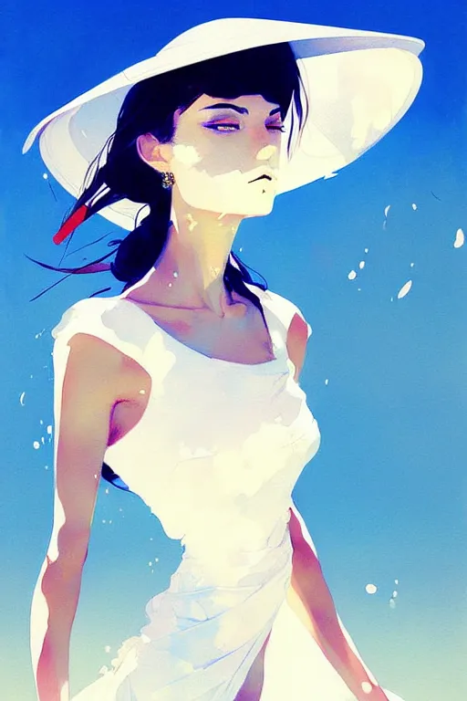 Prompt: a ultradetailed beautiful painting of a stylish woman wearing a white dress with a sun hat, by conrad roset, greg rutkowski and makoto shinkai trending on artstation