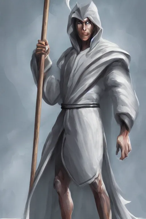 Image similar to thunder man, storm, lightning, spell, staff, white robe, hallway, artstation