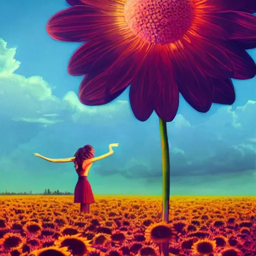 Image similar to giant daisy flower in front of head, full body girl floating in a flower field, surreal photography, sunrise, dramatic light, impressionist painting, colorful clouds, digital painting, artstation, simon stalenhag