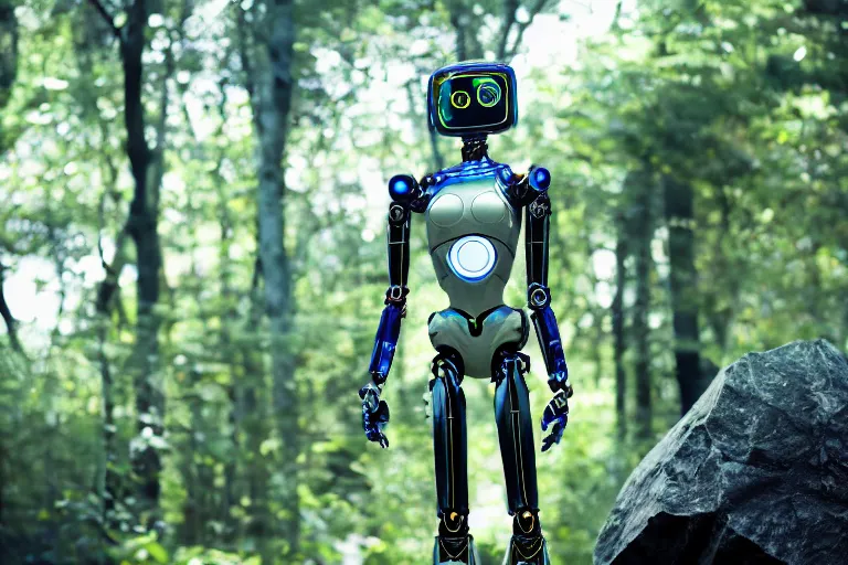 Prompt: photograph of an androgynoid robot in the arboretum of the inter - galactic spaceship, 8 k, beautiful lighting, shallow depth of field, ultra realistic, hyper - detailed, sci - fi movie style, coherent composition,