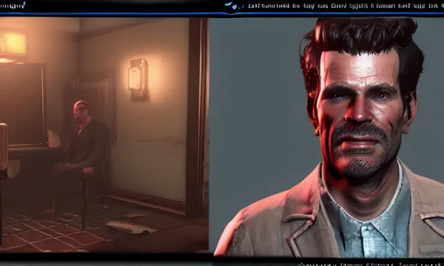 Image similar to ingame dialog talking!!!!!!!!! to dennis!!!!! bateman!!!!! in fallout 5, hd 4 k max settings raytracing