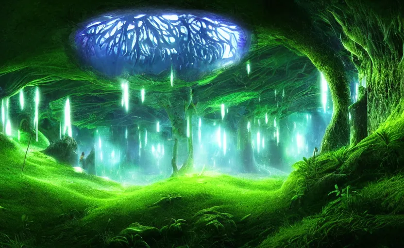 Prompt: a beautiful and stunning professional digital artwork of a glowing mushroom cave, haze, spores floating in the air, waterfall, volumetric lighting, hyperrealistic, green, blue, rtx on, ultra detail