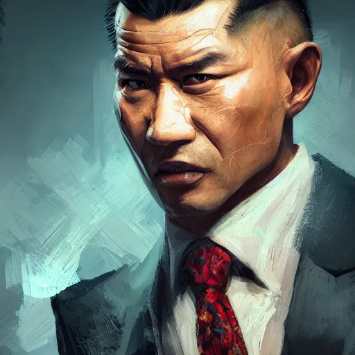 Image similar to portrait painting of a 4 0 - something mob boss, crew cut, fierce, like sun honglei by wenjun lin, irakli nadar, bright colors, octopath traveler, wenjun lin, unreal engine 5 highly rendered, global illumination, radiant light, detailed and intricate environment