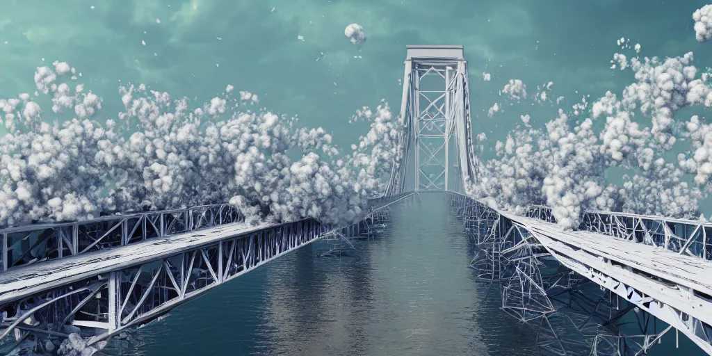 Prompt: explosions in the form of realistic white cotton plants on harbour bridge, huge white cotton everywhere on the destroyed harbour bridge, smooth, sharp focus, highly detailed, 3 d octane render, epic lighting, lots of white cotton, 8 k