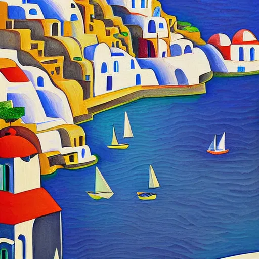 Image similar to cubism art print painting of Santorini, by Andre Baldet, gouache painting, high definition, digital art,